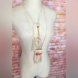 Vintage Handmade Set of Two Tan Native American Beaded Leather Medicine Pouches